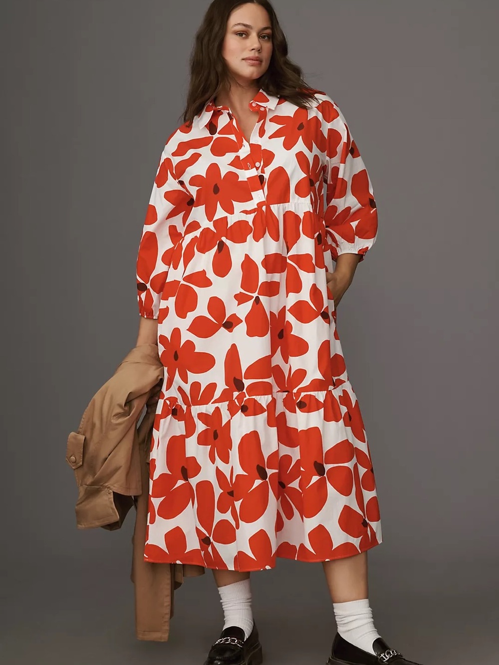 Anthropologie Maeve Bettina Tiered Midi Shirt Dress Red Motif Floral Medium